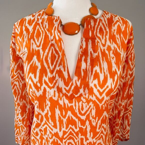 Women’s Tropical Orange + White Patterned Tunic, Light Tissue Cotton Size: L - Picture 1 of 12